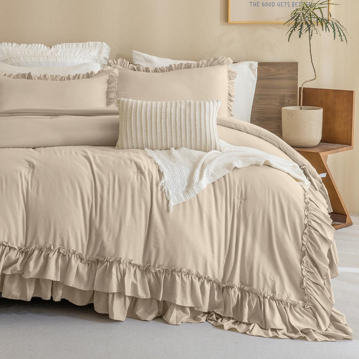 Queen's House Light Blue Farmhouse Ruffled King Size Comforter Set,Lightweight Microfiber Inner Fill Fluffy Boho Chic Bedding Comforter,Ultra Soft Microfiber Inner Fill Bedding