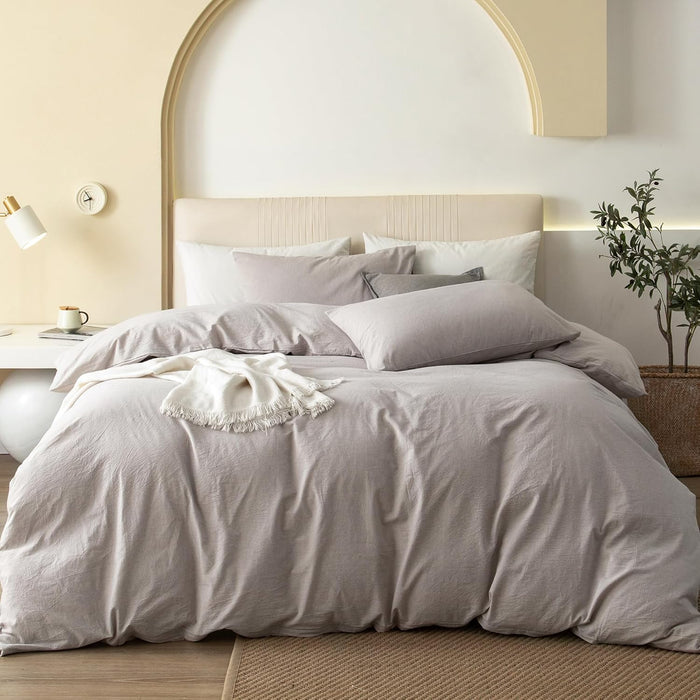 JIYUAN 100% Washed Cotton Duvet Cover Set 3 Pieces Queen, 1 Duvet Cover 90x90 Inches(Comforter Not Included) and 2 Pillowcases,Linen Feel Bedding Set Comfy and Breathable, Heathered Green