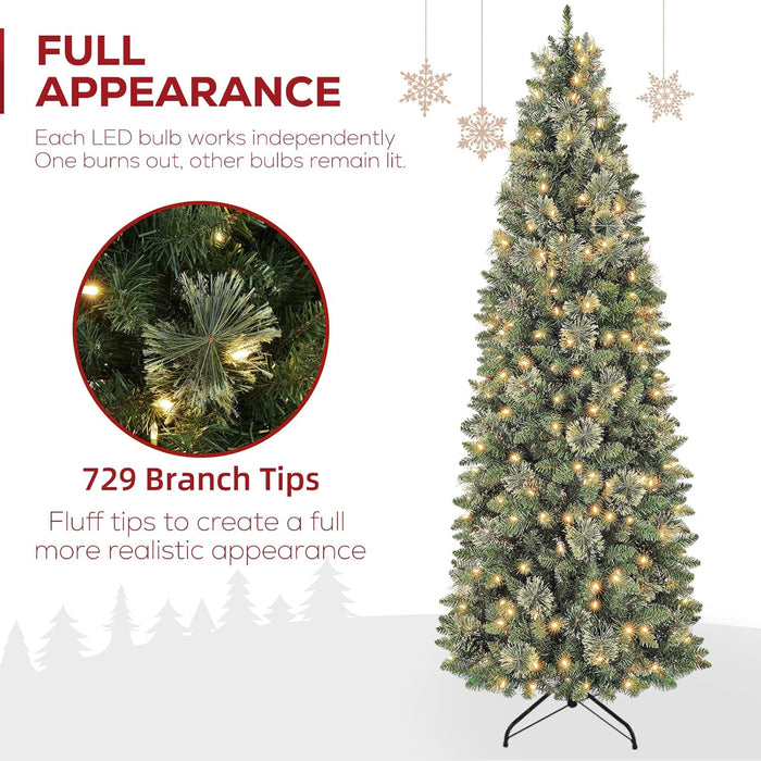 Hykolity 7.5 ft Prelit Artificial Pencil Slim Christmas Pine Tree with 792 PVC Branch Tips, 300 Warm White LED Lights, Metal Stand and Hinged Branches, Perfect for Home, Decoration