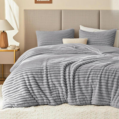 EXQ Home Fluffy Comforter Set Full Size - Super Soft Faux Fur Stripe Jacquard Comforter 3 Pieces, Grey Fleece Bedding Set,Winter Warm Bed Set,1 Comforter with 2 Pillowcases