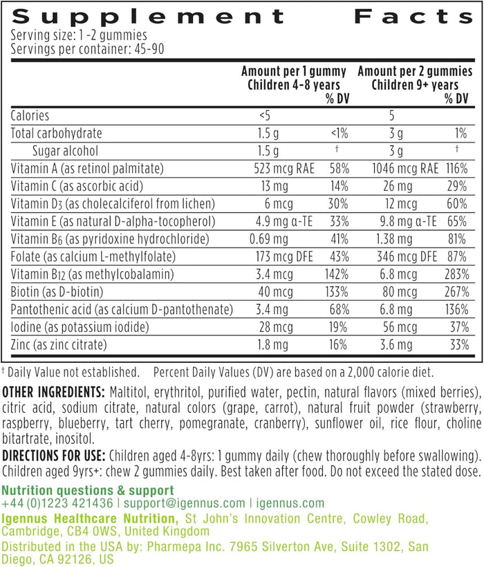 Igennus Methylated Kids Multivitamin Gummy, MTHFR, No Artificial Sweeteners or Flavors, Sugar Free, Age 4+, 90 Natural Berry Flavor Gummies from Fruit Powder, Non-GMO, Halal, Clean Label