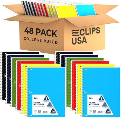 E-CLIPS USA Spiral Notebook, College Ruled Notebooks (48 Pack Bulk), 70 Sheets, Single Subject, Notebooks Bulk, 6 Color Assortment, 3 Hole Perforated Sheets (48, College Ruled)