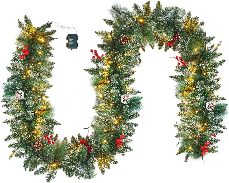 9FT Real Touch Norfolk Pine Garland Christmas with Light Winter Artificial Faux Greenery Garland Table Mantle Stairs Fireplace Wall Decor Outdoor Indoor Porch Home Decorations (Battery Not Included)