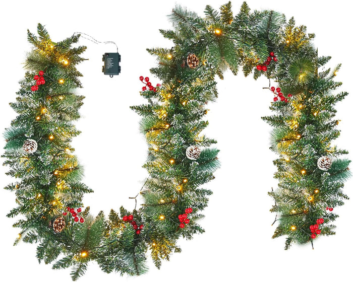 9FT Real Touch Norfolk Pine Garland Christmas with Light Winter Artificial Faux Greenery Garland Table Mantle Stairs Fireplace Wall Decor Outdoor Indoor Porch Home Decorations (Battery Not Included)