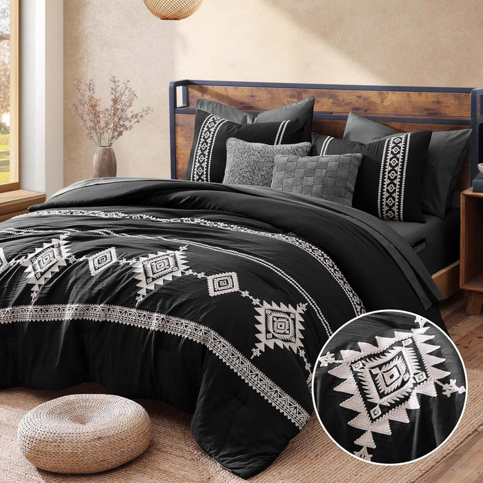 MaiRêve Burnt Orange Embroidery Comforter Set King Size - 7 Pieces, Farmhouse Western Bedding Sets All Season, Boho Bed in A Bag King with Sheets, Comforters, Pillowcases & Shams