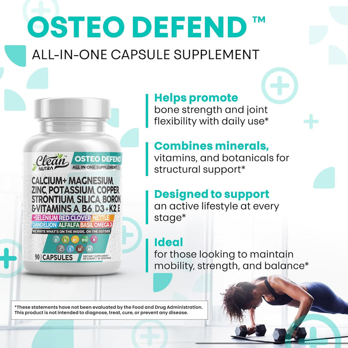 Allin1 Calcium Magnesium Zinc Supplement with Potassium, Copper, Strontium, Silica, Vitamin D3 K2, Boron, Vitamin B1 B12 Red Clover Herb Alfalfa Basil Pills for Men & Women Clean Nutra Osteo Defend