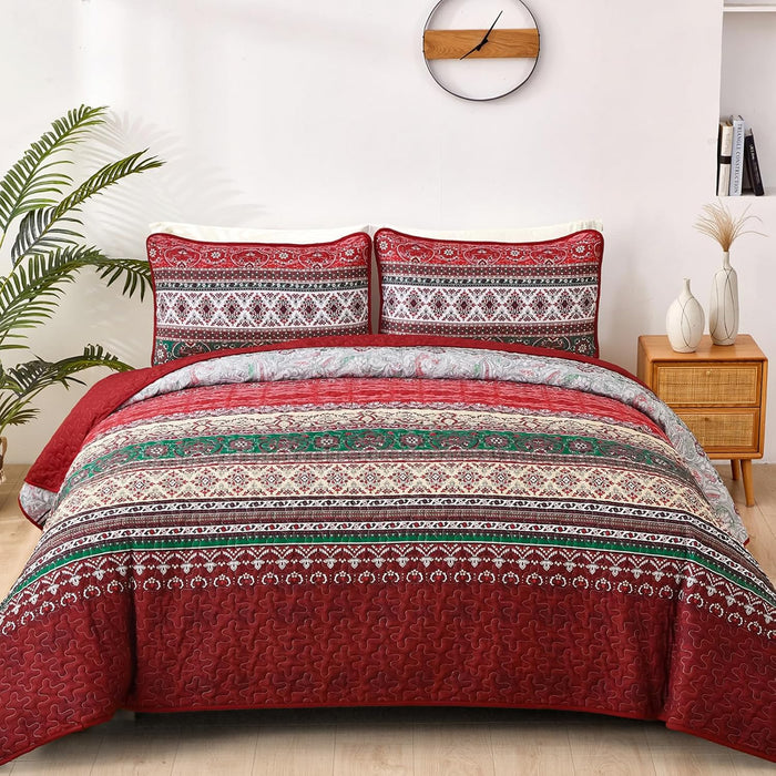 WONGS BEDDING Boho Fall Queen Quilt Set, Blue and Orange Bohemian Queen Quilt Bedding Set, Lightweight Microfiber Bed Decor Bedspread for All Season 96"x90"(3 Pieces)