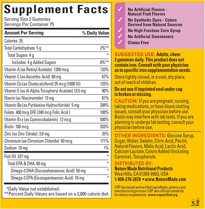 Nature Made Womens Gummy Multivitamins with Omega-3, Multivitamin for Women for Daily Nutritional Support, 150 Gummies, 75 Day Supply