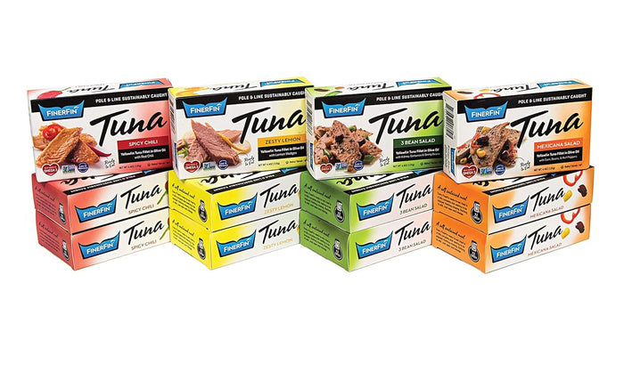FinerFin Yellowfin Tuna Salad in Organic Olive Oil | Taster's Variety Pack | Premium Canned Tuna Fish with EVOO | Gourmet Ready-to-Eat Wild-Caught Fillets | 4.4oz can - 12 Pack