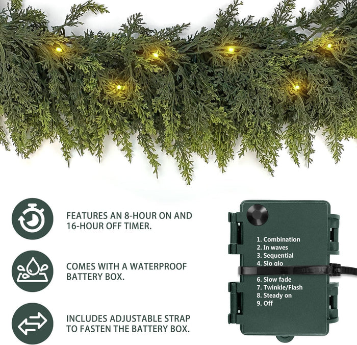 6ft Christmas Garland with Lights, Cedar Garland, Thick Realistic Green Cedar Pine Garland for Mantle, Stairs Railing, Indoor Outdoor New Year Decoration with Smart Timer