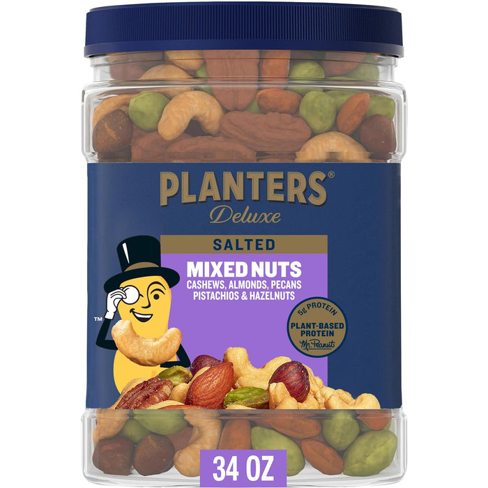 PLANTERS Unsalted Mixed Nuts, Cashews, Almonds, Hazelnuts, Pecans, Pistachios no Shell, Party Snacks, Plant-Based Protein, Quick Snack for Adults, After School Snack, Kosher, 34.5 Oz Container