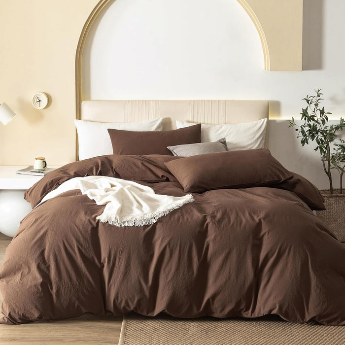 JIYUAN 100% Washed Cotton Duvet Cover Set 3 Pieces Queen, 1 Duvet Cover 90x90 Inches(Comforter Not Included) and 2 Pillowcases,Linen Feel Bedding Set Comfy and Breathable, Heathered Green