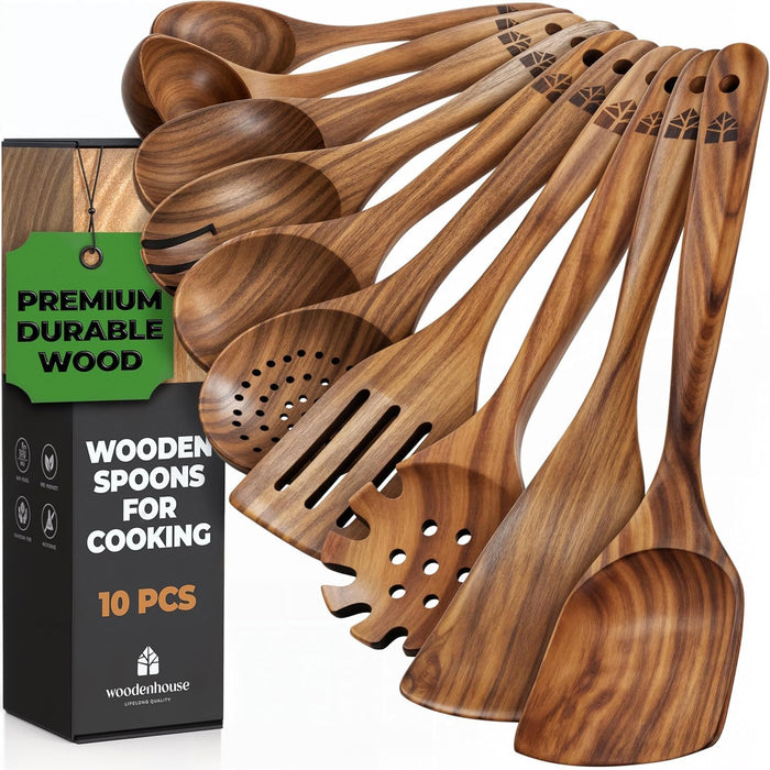 Wooden Spoons for Cooking – 10 Pc Teak Wood Utensil Set, Durable, Nonstick Safe & Heat Resistant with Ergonomic Handles - Unique Kitchen Gifts for Women Men, Cooking Gifts for Men Women