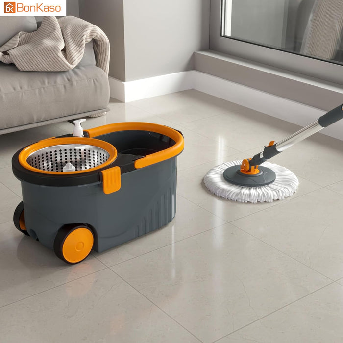 Bonkaso Spin Mop with Stainless Steel Wringer & Big Wheels | 360° Rotating Mop, Adjustable Handle | Easy Floor Cleaning Bucket Set with 2 Microfiber Refills – Grey & Orange (46 x 26.5 x 23 cm)