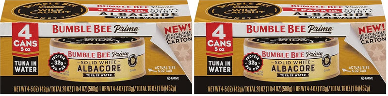 Bumble Bee Prime Solid White Albacore Tuna in Water, 5 oz Cans (Pack of 4) - Premium Wild Caught Tuna - 32g Protein per Serving - Non-GMO Project Verified, Gluten Free, Kosher