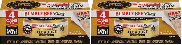 Bumble Bee Prime Solid White Albacore Tuna in Water, 5 oz Cans (Pack of 4) - Premium Wild Caught Tuna - 32g Protein per Serving - Non-GMO Project Verified, Gluten Free, Kosher