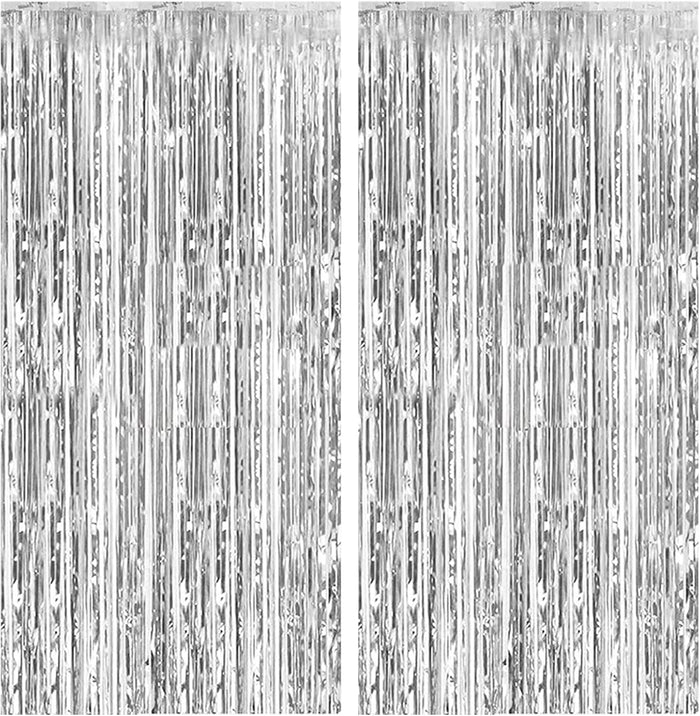 2 Pack Foil Curtain Backdrop Silver Metallic Tinsel Foil Fringe Curtains Photo Booth Props for Birthday Wedding Engagement Baby Shower Bachelorette Christmas Holiday Celebration Party Decorations
