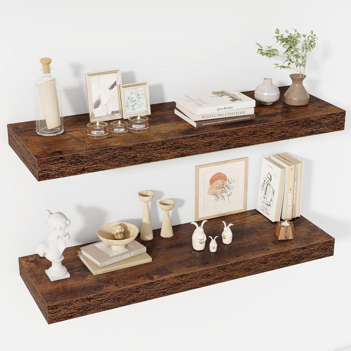 16 Inch Floating Shelves, 8 Inch Deep Floating Shelves for Wall, Hanging Shelf with Invisible Brackets, Deep Shelves for Bathroom, Bedroom, Living Room, Walnut, Set of 2