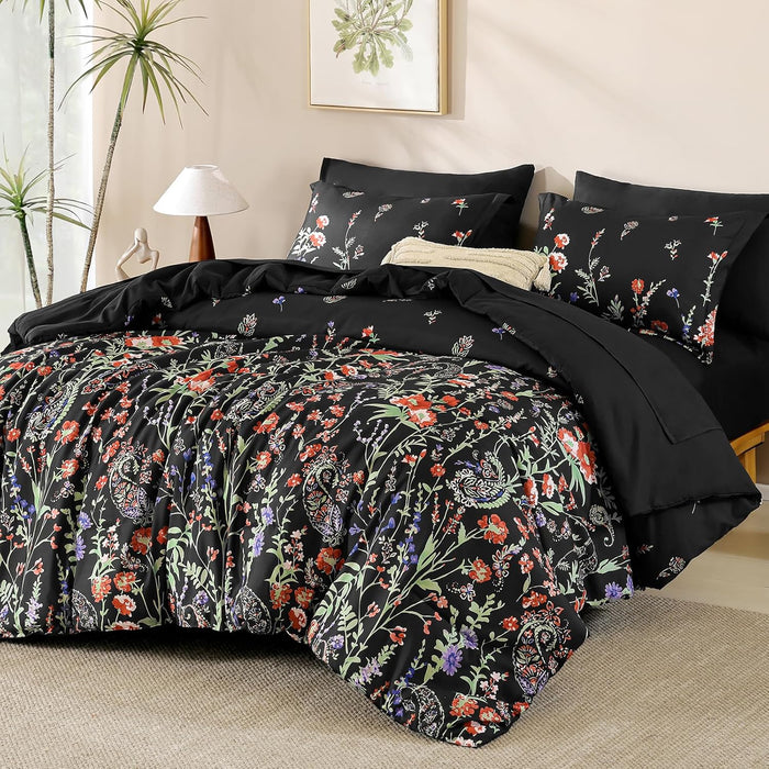 Yiran Blue Floral Comforter Set Queen Size, 7 Piece Watercolour Botanical Comforter Bedding Set, Bed in a Bag Queen, Soft Microfiber Complete Bedding Set with Sheets for All Season