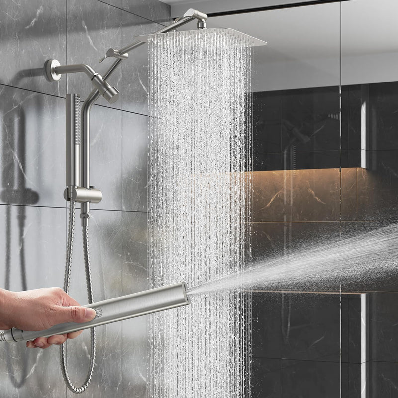 Veken 10" Luxurious All Metal Rain Shower Head with Handheld, High Pressure Rainfall Shower Heads wih Extension Arm, Wide Dual Showerhead with Spray Combo, Bathroom Accessories, Chrome, Silver