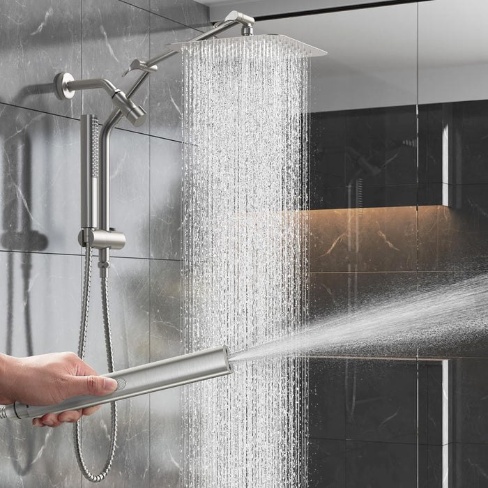 Veken 10" Luxurious All Metal Rain Shower Head with Handheld, High Pressure Rainfall Shower Heads wih Extension Arm, Wide Dual Showerhead with Spray Combo, Bathroom Accessories, Chrome, Silver