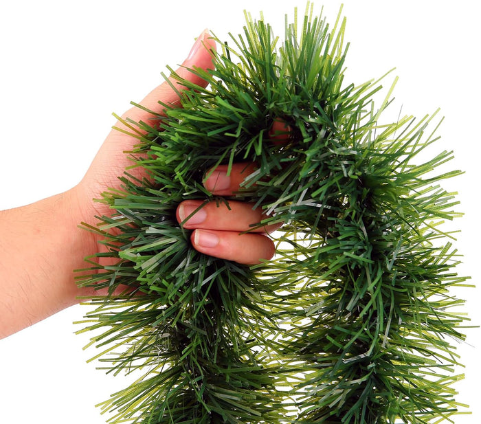 Green Garland Christmas Decorations,50Ft Xams Greenery Tinsel Stems Non-Lit Soft Twist Garland Decor for Tree Stairs Railing Front Door Mantle Fireplace Indoor Outdoor Holiday Home