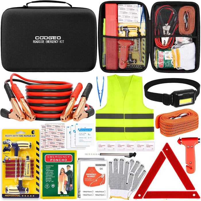 Car Emergency Kit with Battery Jumper Cables,Car Accessories for Men or Women,Emergency Car Kit,Roadside Automotive Safety Kit for Car,Vehicle,Truck or SUV,Gifts for Men or Him,Black