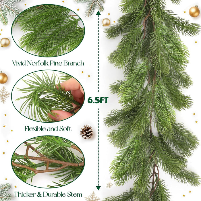6.5Ft Christmas Norfolk Pine Garland, Real Touch Norfolk, Artificial Realistic for Holiday Mantel Fireplace Christmas Table Home Outdoor