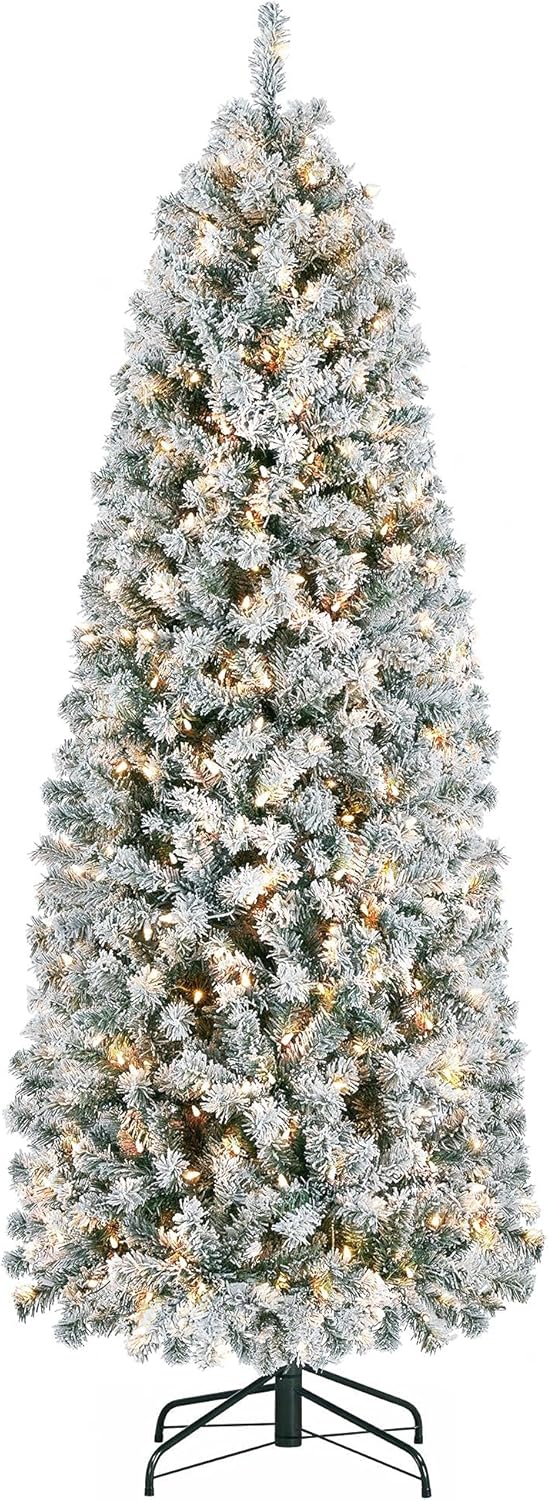 Yaheetech 7.5ft Pre-lit Kingswood Fir Pencil Artificial Hinged Christmas Tree Skinny Corner Xmas Tree with 350 Incandescent Warm White Lights Prelighted Xmas Tree with Foldable Stand, Green