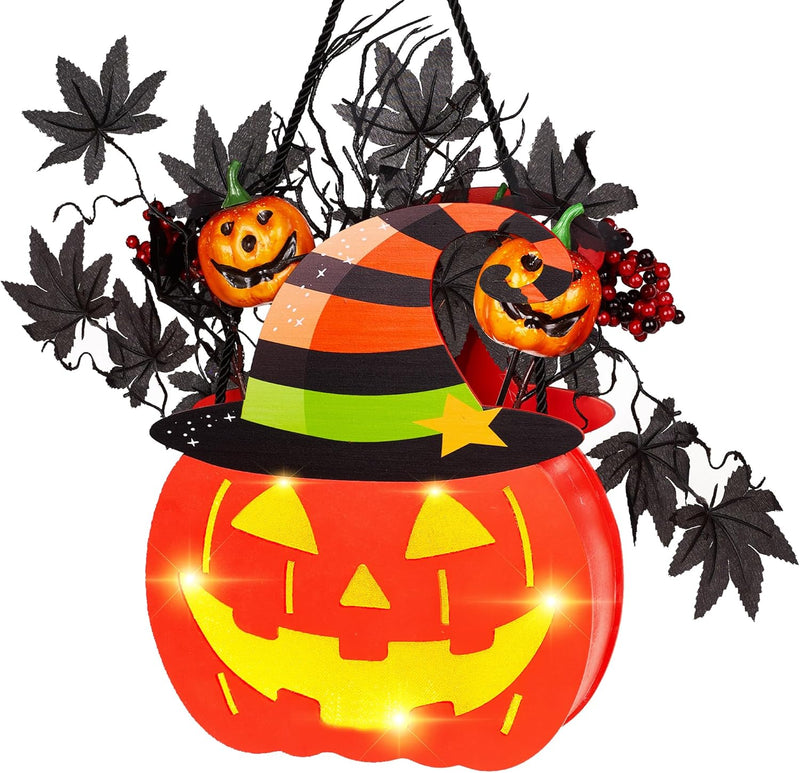 BlcTec Halloween Pumpkin Lights, 10 inch Lighted Big Halloween Wooden Pumpkin with Maple Leaves, Berries, Twigs, Witch's Hat, Battery Operated Lights with Timer for Halloween Decorations, Style A