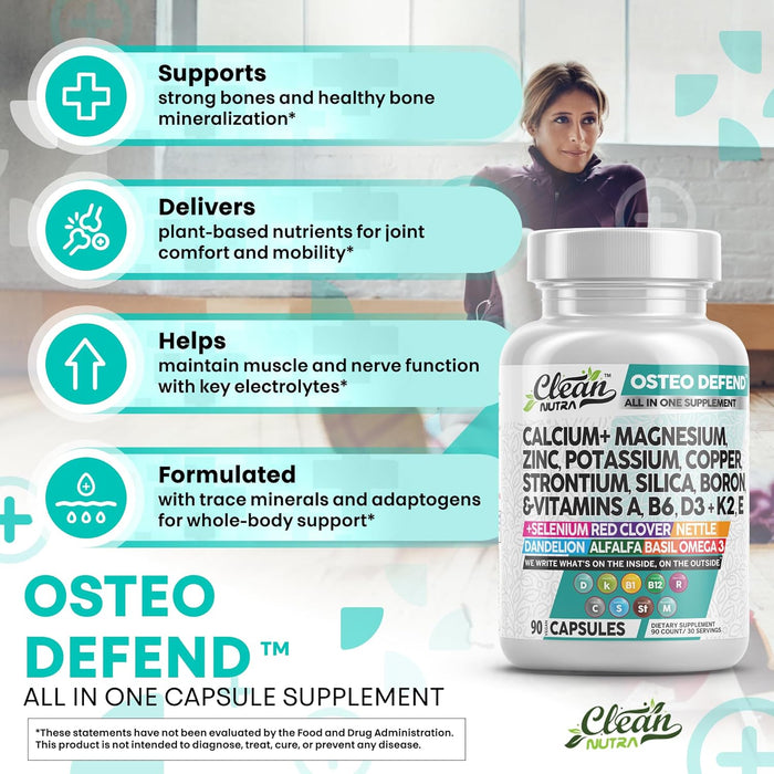 Allin1 Calcium Magnesium Zinc Supplement with Potassium, Copper, Strontium, Silica, Vitamin D3 K2, Boron, Vitamin B1 B12 Red Clover Herb Alfalfa Basil Pills for Men & Women Clean Nutra Osteo Defend