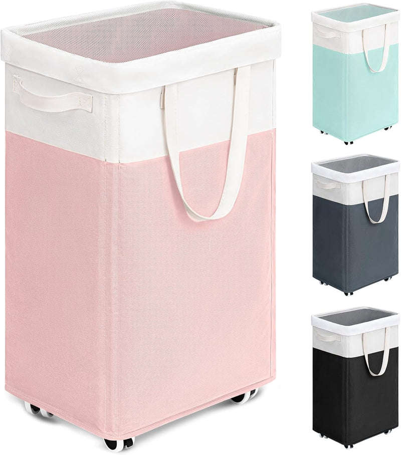 Goodpick Pink Laundry Baskets with Wheels 2-Pack, 75L Rolling Laundry Basket with Removable Wash Bags, Large Laundry Hamper for Corner Dorm, Collapsible Laundry Basket on Wheels