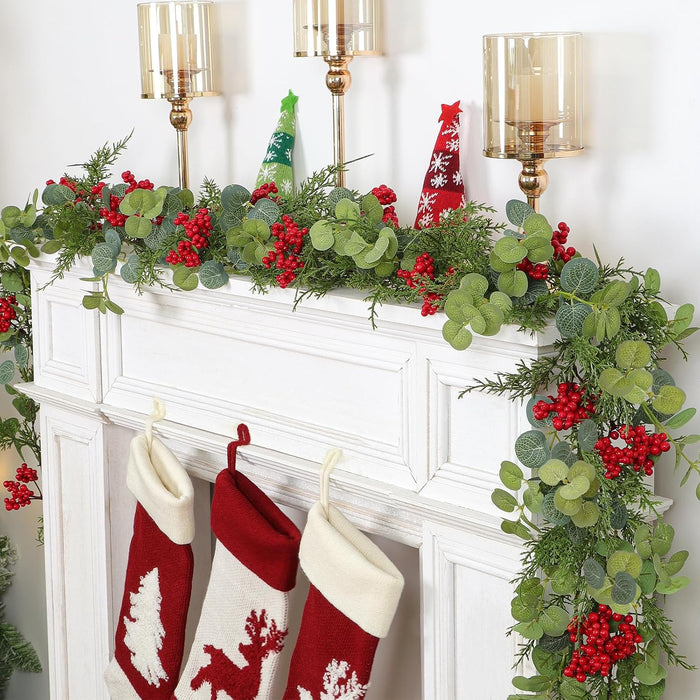 TOCHGREEN 2 Pack Artificial Christmas Garland Pine Cypress Greenery Hanging Garland with Red Berries Winter Pine Garland for Holiday Home Mantle Table Outdoor Indoor Christmas Decorations
