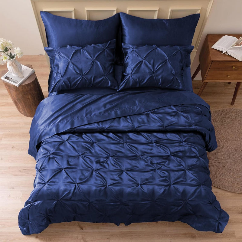 MR&HM Satin Comforter King 7 Pieces - Luxurious Pinch Pleat Bedding Set with Comforter, Flat Sheet, Fitted Sheet, Pillowcases & Shams, Super Silky Soft Bed Set for All Season (King, Black)