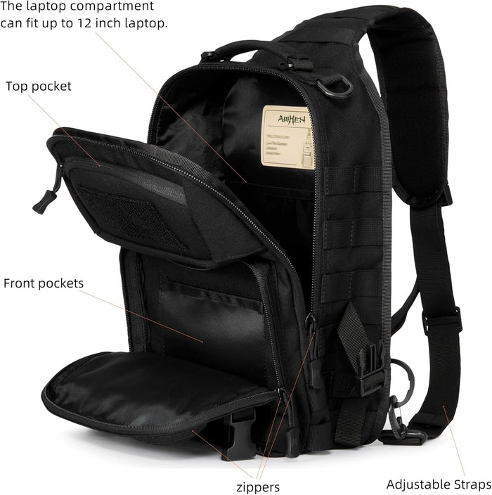 Military Tactical Crossbody Sling Bag One Strap Backpack 15L Black | Fit 12 Inch Laptop, Molle, Travel, Hiking, Daily Use