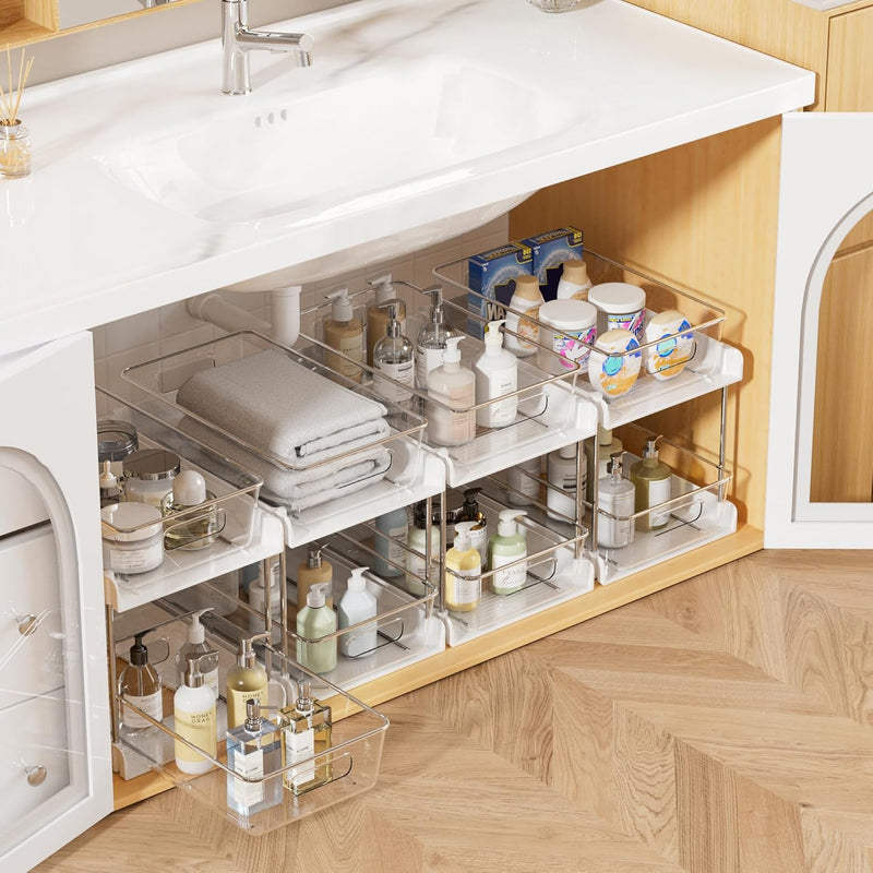 Vtopmart 4 Pack Bathroom Organizer, 2 Tier Clear Under Sink Organizers Vanity Countertop Storage Container,Cabinet Drawers Bins, Pull-Out Organization with Track for Pantry, Kitchen