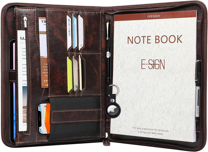 IVESIGN Faux Leather Portfolio Padfolio Organizer with Calculator, Writing Pad, Zipper Closure, Tablet Sleeve, Clipboard with Storage, Document Organizer, Business Card Holder, Note Pads-Black