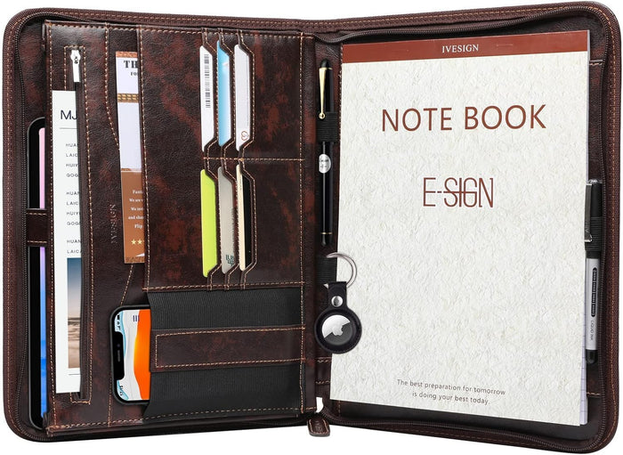 IVESIGN Faux Leather Portfolio Padfolio Organizer with Calculator, Writing Pad, Zipper Closure, Tablet Sleeve, Clipboard with Storage, Document Organizer, Business Card Holder, Note Pads-Black