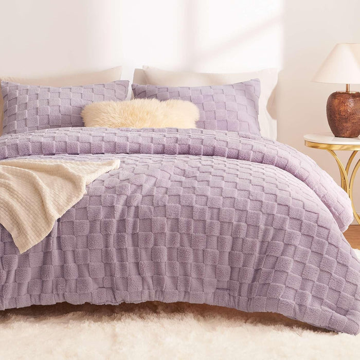 CozyLux King Size Comforter Set Blush Pink, Fluffy Plush Fleece Comforter with Checkered Pattern, Farmhouse Boho Soft Warm Bed Set, 3 Pieces, 1 Comforter and 2 Pillowcases