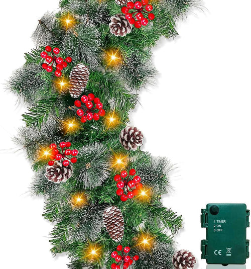 6 Ft by 10 Inch Pre-lit Artificial Christmas Garland with 30 Warm Lights Timer Battery Operated 150 Snowy Bristle Pine Branches 56 Red Berries 8 Pinecones Xmas Decor for Home Indoor Mantle Fireplace