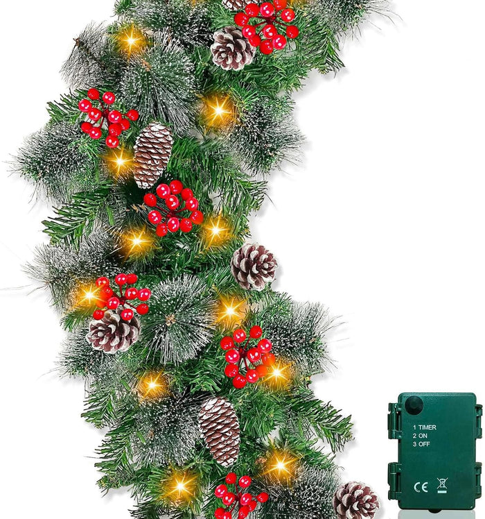 6 Ft by 10 Inch Pre-lit Artificial Christmas Garland with 30 Warm Lights Timer Battery Operated 150 Snowy Bristle Pine Branches 56 Red Berries 8 Pinecones Xmas Decor for Home Indoor Mantle Fireplace