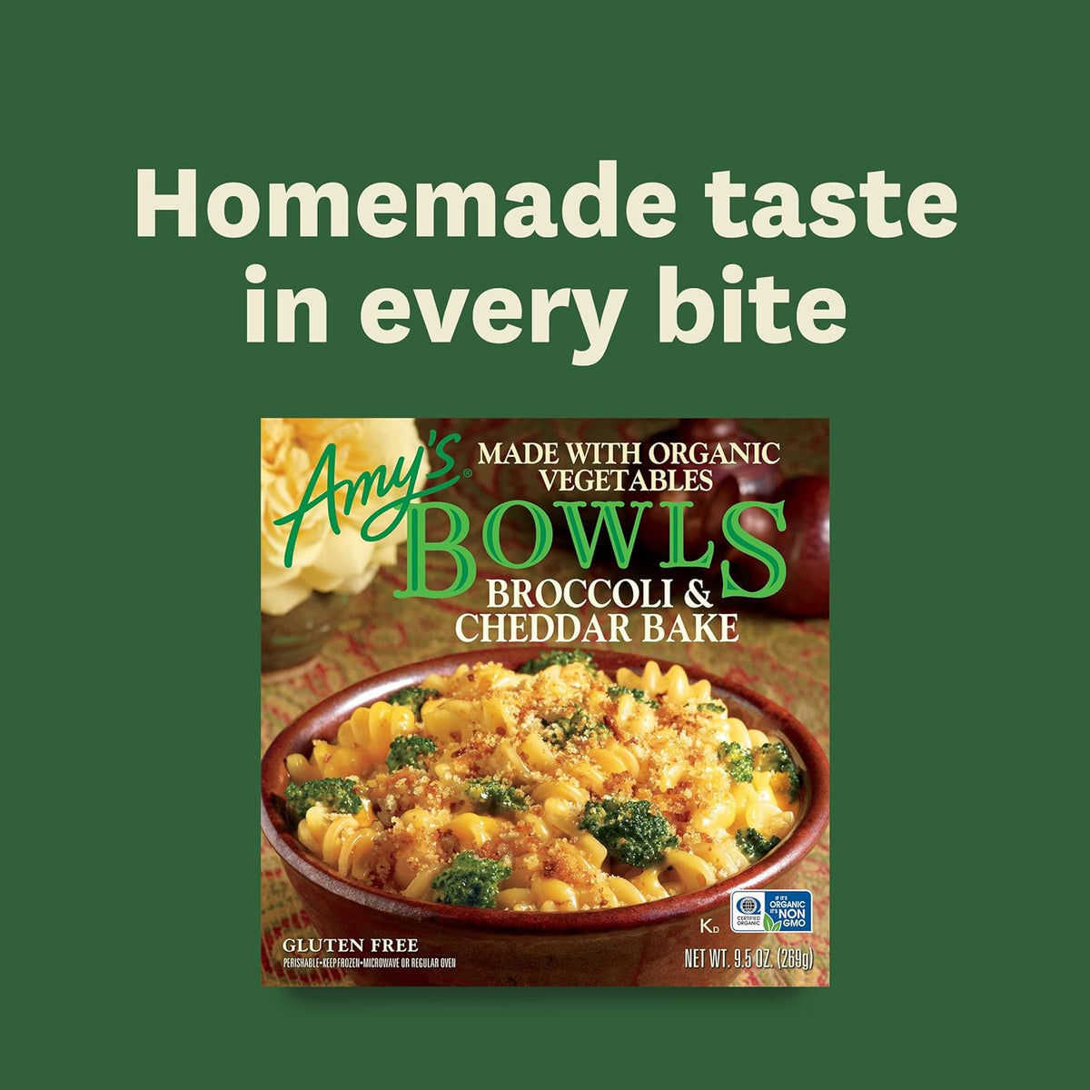 Amy's Frozen Meals, Broccoli and Cheddar Cheese Bake, Made With Organic Rice Pasta and Veggies, Gluten Free Microwave Meals, 9.5 Oz