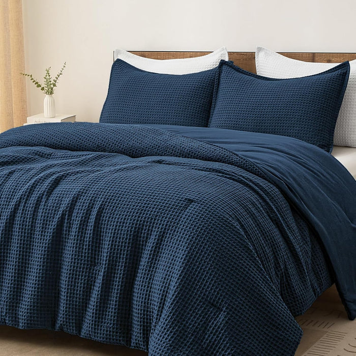 PHF Ultra Soft Waffle Weave Comforter Set Queen Size, 3 Pieces Lightweight Breathable Comfy Bedding Set, Comfy Textured 1 Comforter with 2 Pillow Shams, Black
