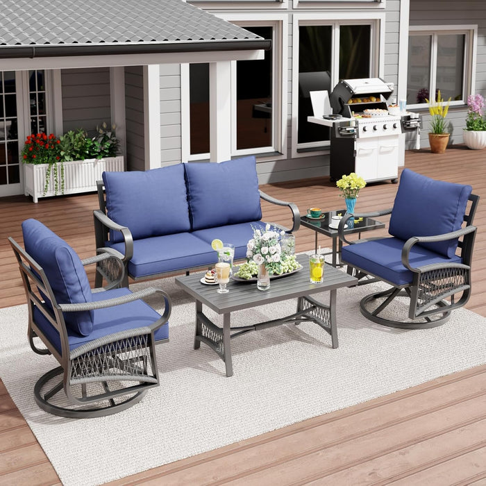 5 Piece Patio Furniture Set, Outdoor All Weather Conversation Sofa Set with 2 Swivel Chairs, Rope Braided Design and Thick Cushions for Garden, Porch, Lawn, Beige