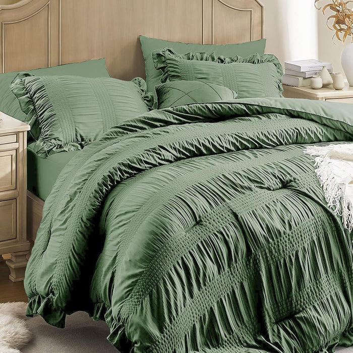 Queen Comforter Set Seersucker 7 Pieces Luxury Ruffle Bed in a Bag Queen Size for All Season White Bedding Set with Comforter, Pillowcases, Flat Sheet, Fitted Sheet and Pillow Shams