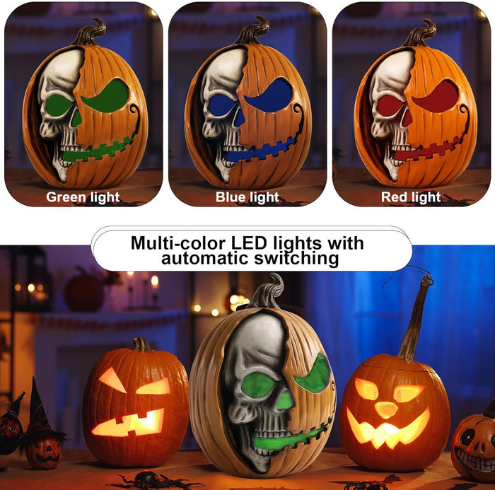 Light Up Jack O Lantern Pumpkin, 11x8 Inch Halloween Decorations Outdoor, Large Spooky Scary Decorative Resin Pumpkin Figurine, Indoor Table Top Desk Shelf Mantel Home Decor