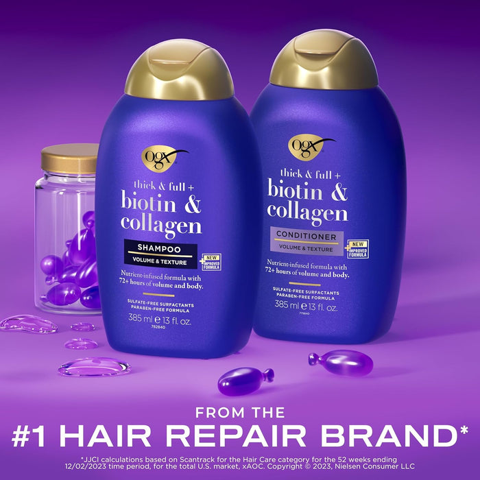 OGX Thick & Full + Biotin and Collagen for Hair Volume & Body, Sulfate Free Volumizing Shampoo & Conditioner Set for Fine & Thinning Hair, Nutrient-Infused, Vitamin B7, 13 fl oz, 2 Pack