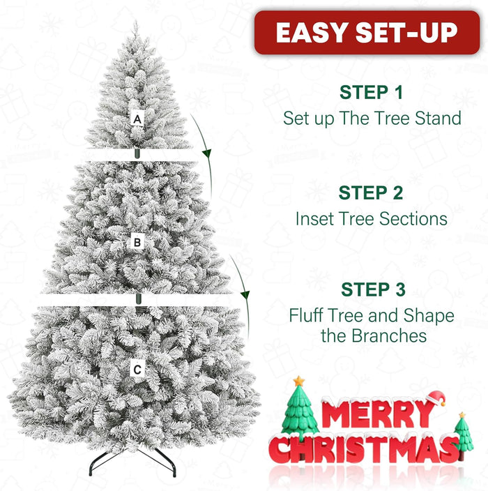 7.5 ft Snow Flocked Christmas Tree, Artificial Holiday Christmas Tree with 450 Warm White Lights, 1446 Frosted Tips, Metal Stand & Hinged Branches, Easy Assembly for Indoor Decorating