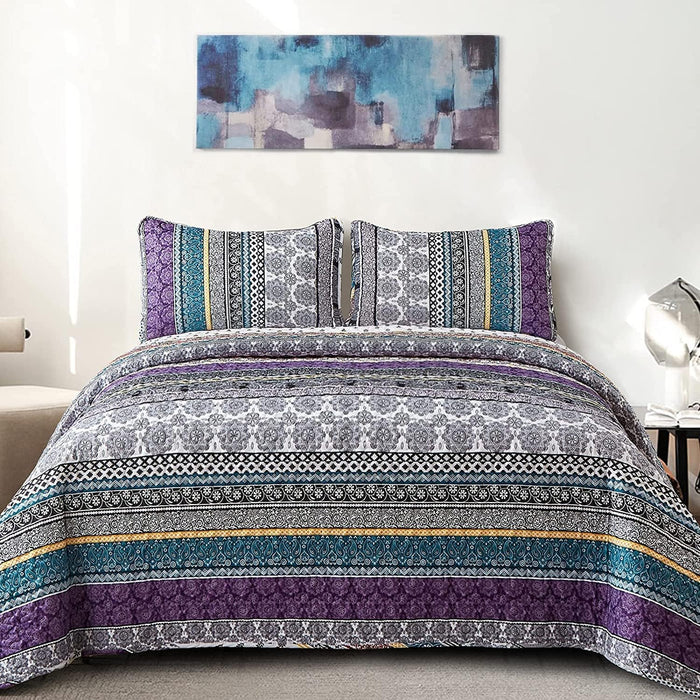 WONGS BEDDING Boho Quilt Set King Size, Navy Blue Bohemian 3 Pieces Quilt Sets, Lightweight Microfiber Bedspread Coverlet Bedding Set for All Season (104"x90")