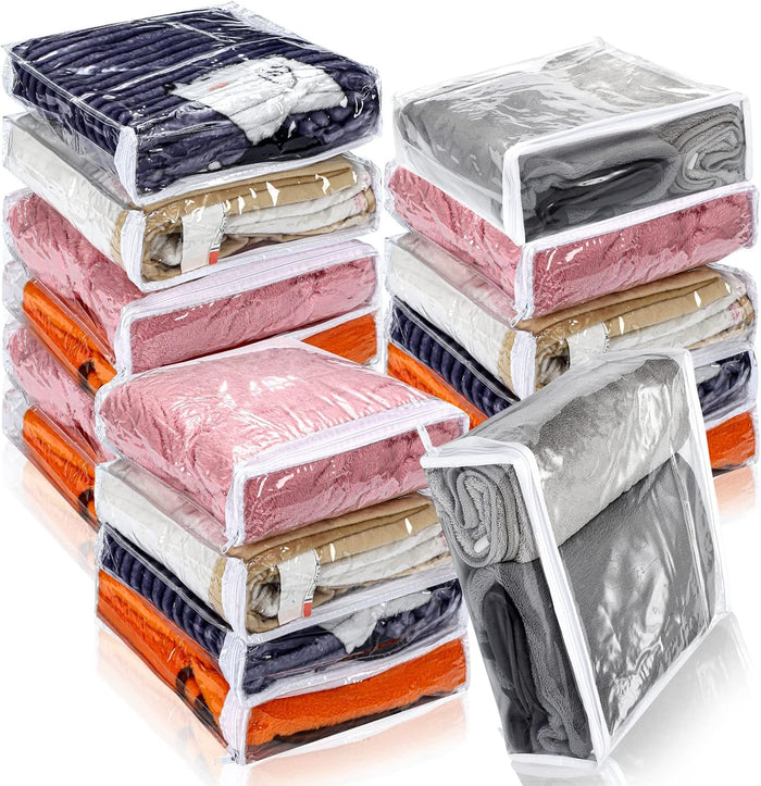 Kingdder 16 Pcs Clear Vinyl Zippered Sweater Storage Bags with Zipper 10 x 10 x 2.5 Inch Plastic Sheet Organizer and Storage for Clothing Blankets Sheet Linen Bed Pillow Cube Organizer